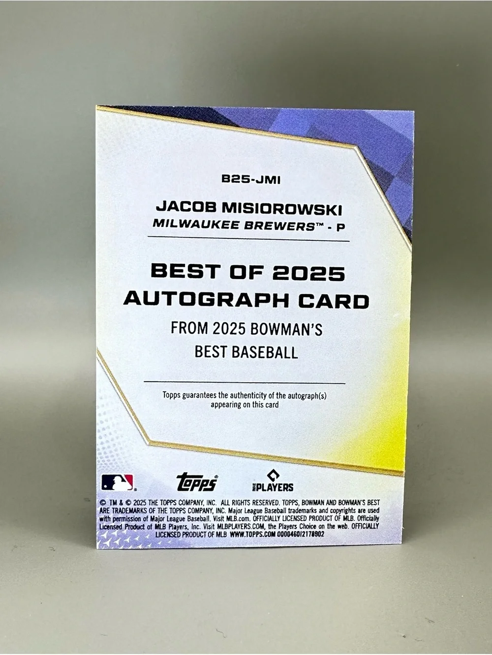 Jacob Misiorowski Signed 2025 Bowmans Best 16/50 Novelty Card Milwaukee Brewers